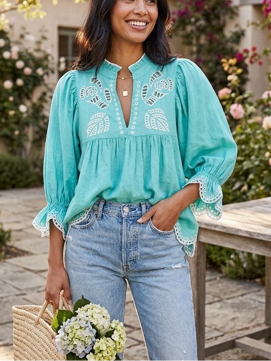Never A Wallflower Tops - Never A Wallflower |Aqua Turquoise Eyelet
Embroidered Cotton/Linen Blend Top-NWT